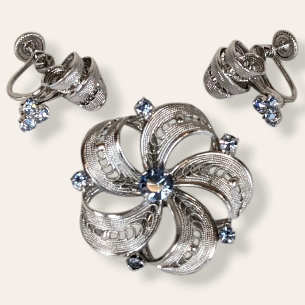 Vintage Blue Crystal Filigree Demi Parure